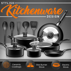 SereneLife 15 Piece Pots and Pans Non Stick Chef Kitchenware Cookware Set, Black - TRAPSKI