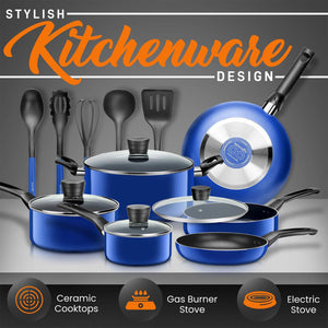 SereneLife 15 Piece Pots and Pans Non Stick Chef Kitchenware Cookware Set, Blue