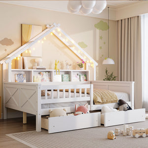 House Style Platform Bed With LED Lights, Storage Shelves, Drawers, And Guardrail