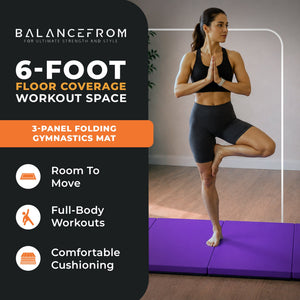 BalanceFrom Fitness GoGym 6x2ft Folding 3 Panel Exercise Mat w/Handles, Purple