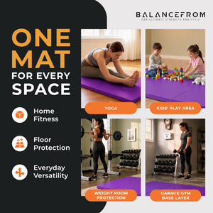 BalanceFrom Fitness GoGym 6x2ft Folding 3 Panel Exercise Mat w/Handles, Purple