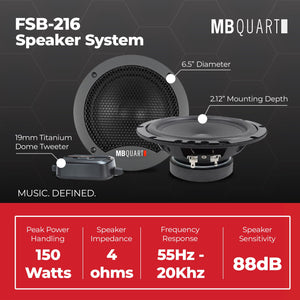 MB Quart FSB-216 6.5 Inch 2-Way Car Component Speakers, 150W Peak Power, Black