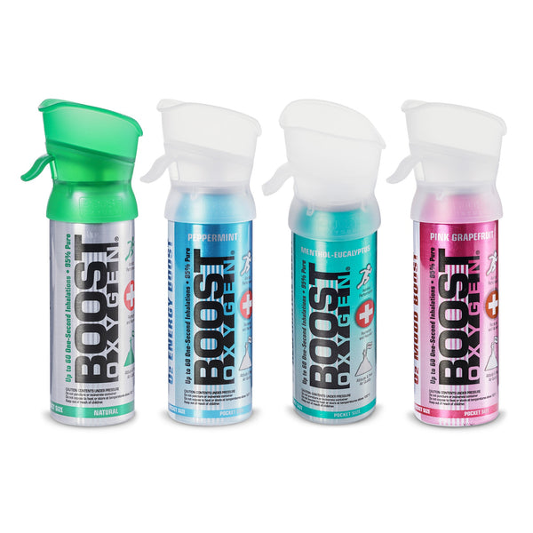 Boost Oxygen 3 Liter Pocket Sized Canned Oxygen Bottles w/Mouthpieces, 4 Flavors