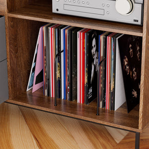 Eco-Friendly Vinyl Record Player Stand With Flip-Top Storage, Media Console With Dual Outlets And Dustproof Drawers