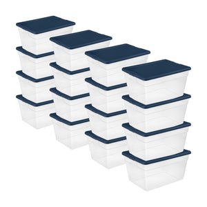 Sterilite Stackable 56 Quart Storage Tote, Clear with Marine Blue Lid (16 Pack)