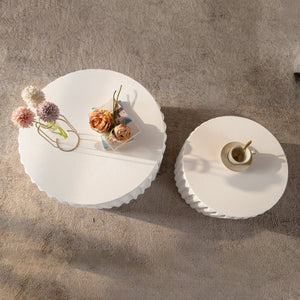 White Scalloped Round Coffee Table Set: Nesting Design, Elegant Curved-Edge Shape