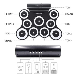 PAXCESS 9 Pad Electronic Drum Set w/ Foot Pedals, Built-In Speaker, and Battery