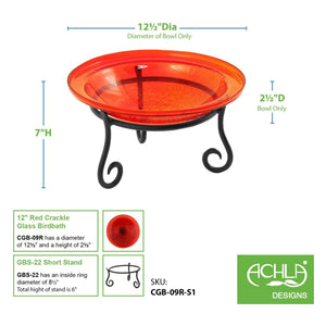 Achla Designs Hand Blown Crackle Glass Garden Birdbath with Stand, Tomato Red