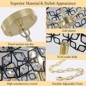 19" Geometric Crystal and Black Gold Round Pendant Chandelier