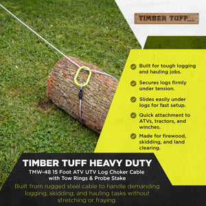 Timber Tuff TMW-48 15 Foot ATV UTV Log Choker Cable with Tow Rings & Probe Stake - TRAPSKI
