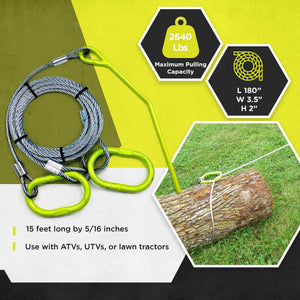 Timber Tuff TMW-48 15 Foot ATV UTV Log Choker Cable with Tow Rings & Probe Stake - TRAPSKI