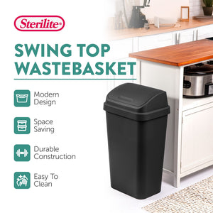 Sterilite 13 Gallon Swing Top Lidded Wastebasket Kitchen Trash Can, Black 4 Pack