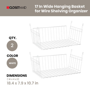 ClosetMaid 17 In Wide Hanging Basket for Wire Shelving Organizer, White (2 Pack)