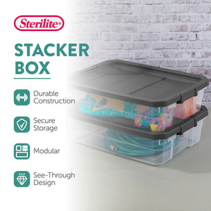 Sterilite 40 Quart Plastic Under Bed Storage Bin Tote & Latch Lid, 12 Pack, Gray