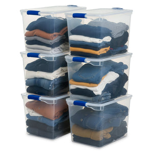 Homz 112 Qt Clear Plastic Stackable Storage Containers with Latch Lid, 6 Pack