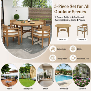 5 Piece Round Patio Table & Cushioned Armrest Chairs, Outdoor Dining Set With Umbrella Hole