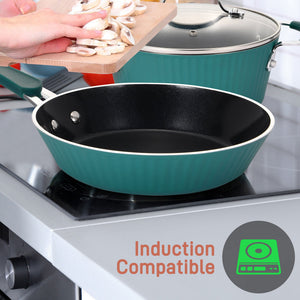NutriChef 11 Piece Nonstick Elegant Lines Pattern Kitchen Cookware Set, Teal - TRAPSKI