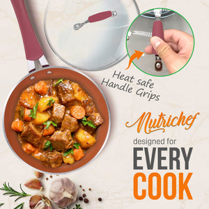 NutriChef 11 Piece Nonstick Elegant Diamond Pattern Kitchen Cookware Set, Pink