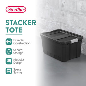 Sterilite 19 Gal Rugged Industrial Stackable Storage Tote w/ Lid, Black, 6 Pack