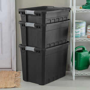 Sterilite 27 Gal Rugged Industrial Stackable Storage Tote w/ Lid, Black, 12 Pack