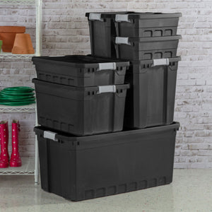 Sterilite 27 Gal Rugged Industrial Stackable Storage Tote w/ Lid, Black, 12 Pack