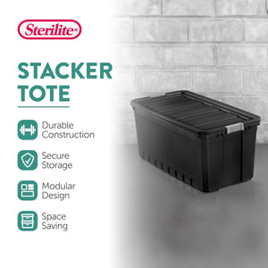 Sterilite 50 Gal Rugged Industrial Stackable Storage Tote w/ Lid, Black, 12 Pack
