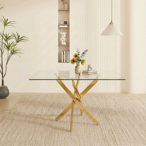 Rectangular Glass Dining Table with Gold-Plated Legs
