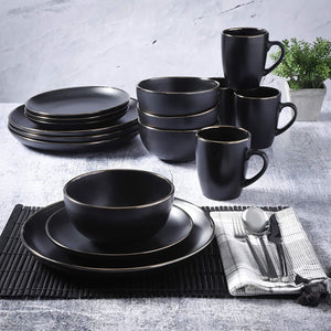 Gibson Home Rockaway Round Stoneware Dinnerware, Set of 16, Black with Gold Rim