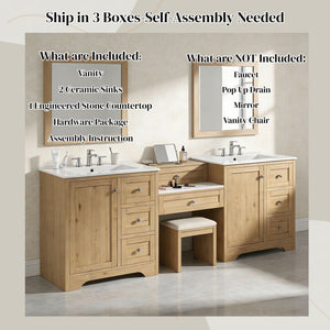 Double Sink Bathroom Vanity With Countertop, 2 Ceramic Sinks, 6 Drawers