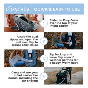 CozyBaby Quilted Infant Car Seat Cover with Dual Zippers and Elastic Edge, Gray