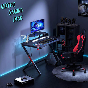 MOTPK 45 Inch Carbon Fiber Computer Gaming Desk with Raised Monitor Shelf, Black