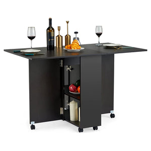 JOMEED Folding Dining Kitchen Table with Drawer and 2-Layer Storage Shelf, Black