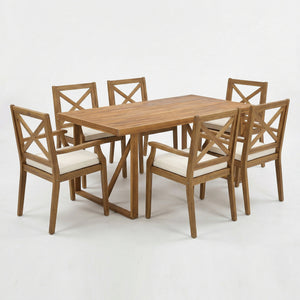 7 Pieces Acacia Wood Outdoor Dining Set with Cream Cushions
