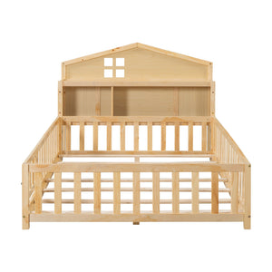 Full Size Montessori Floor Bed With Bookcases And boards, Solid Wood Platform Bed With Guard Rails And Storage Headboards - Natural