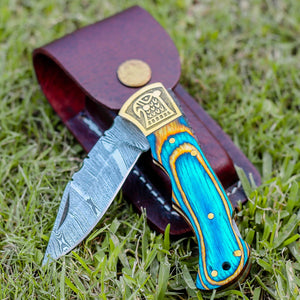Custom Hand Forged Damascus Folding Knife Stain Wood Handle With Engraved Bolster WH 1558