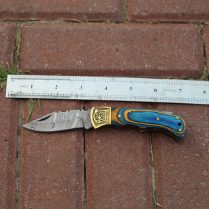 Custom Hand Forged Damascus Folding Knife Stain Wood Handle With Engraved Bolster WH 1558