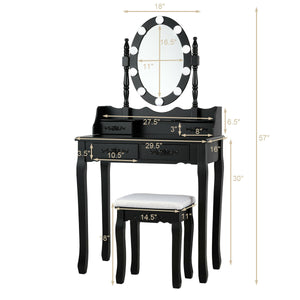 Makeup Dressing Table with Touch Switch Lighted Mirror and Cushioned Stool-Black