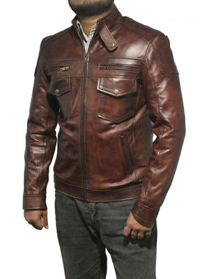 Men's Strap Pocket Brown Leather Biker Jacket