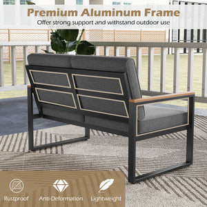 2 Piece Patio Aluminum Furniture Set with Wood-Plastic Armrests and Tabletop-Gray