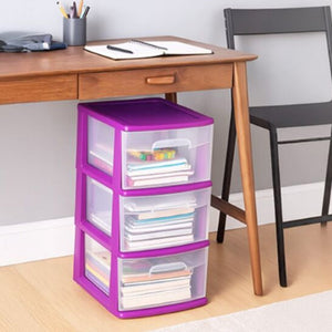 Homz Plastic 3 Drawer Medium Storage Container Tower, Clear Drawers/Purple Frame