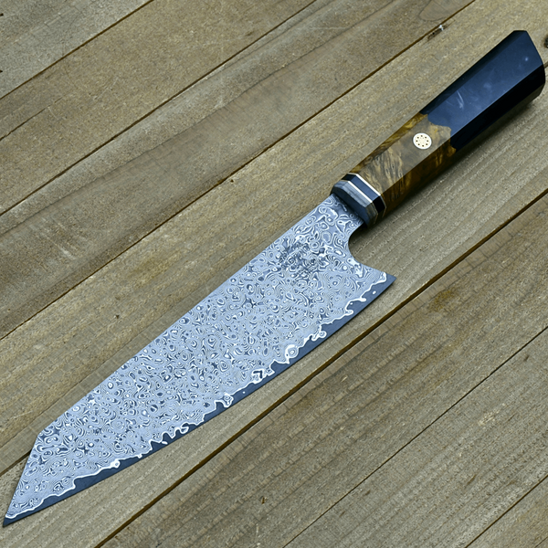 Aurora Japanese VG10 Damascus Knife with Olive Wood Burl & Black Pearl Resin Handle