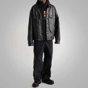 New Men’s Army Black Suede Shearling Leather Trucker Jacket