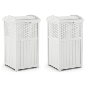 Suncast Wicker Resin Outdoor Hideaway Trash Can Bin with Latching Lid (2 Pack)