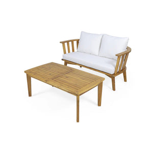 2-Person Outdoor Acacia Wood Patio Seating Group with Cushions - Cream White/Teak