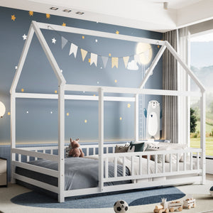 Full Size Floor Wooden Bed with House Roof Frame