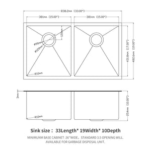 Double Bowl Undermount Kitchen Sink 16 Gauge 33" x 19" with Dual 10" Deep Basins - Gunmetal Black