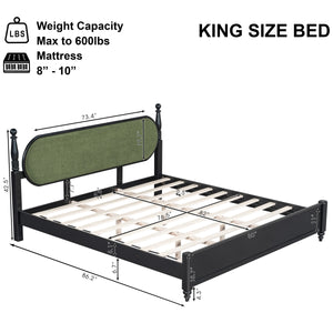 King Bed Frame, Solid Wood Platform with Slats, Modern