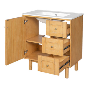 Bathroom Vanity With Sink, 3 Drawers, Soft Close Door - Natural Wood
