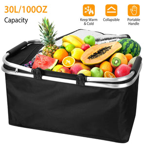 30L Insulated Picnic Basket Cooler Collapsible Food Delivery Storage Bag Grocery Market Basket Heat & Cool Insulation w/ Aluminum Handles