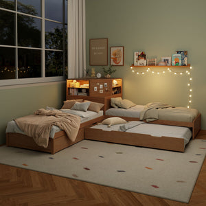 L-Shaped Bed Frame With Trundle, Built In Desk & LED Lighting